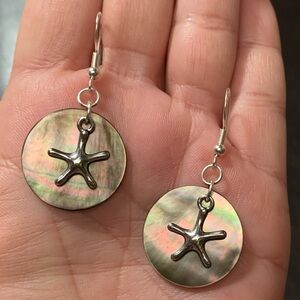 ❤️5/$15 Black Mother of Pearl Shell Starfish Charm Silver Handcrafted Earrings